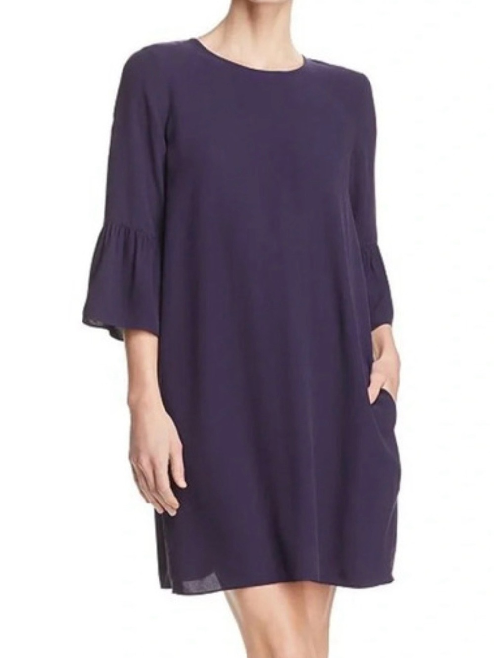 EILEEN FISHER Navy Blue Silk Bell Sleeve Midi Dress S WASHABLE